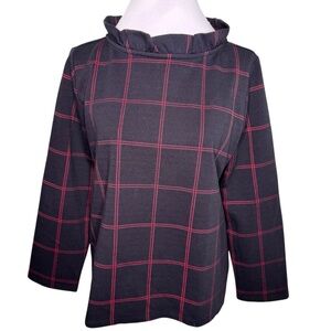 Ann Taylor Women Black Red Windowpane Plaid Ruffle Mock Neck Top Large NWT